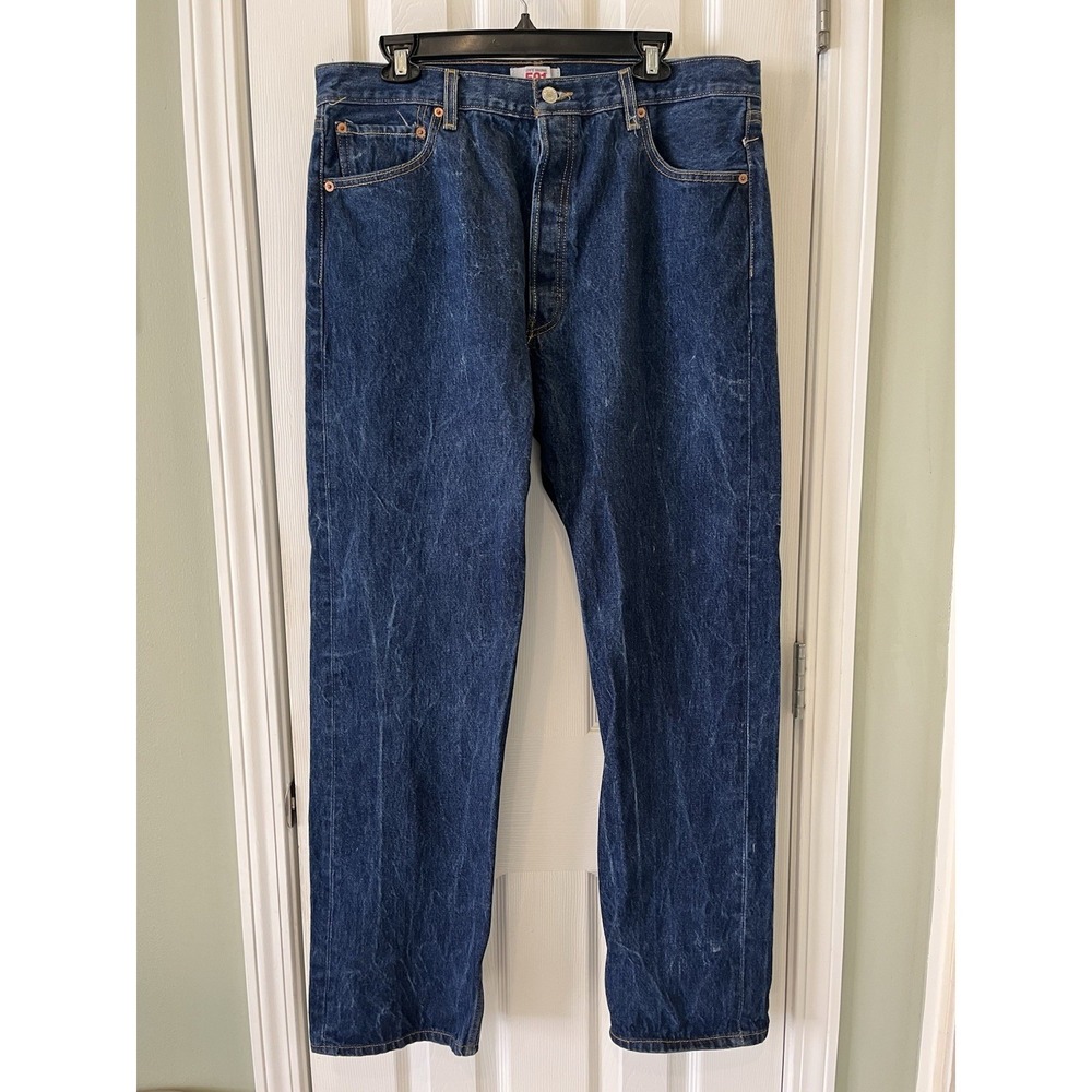 Vintage‎ Levi's 501 Button Fly Jeans Mens 38x33 Red Batwing Distressed Dark Wash